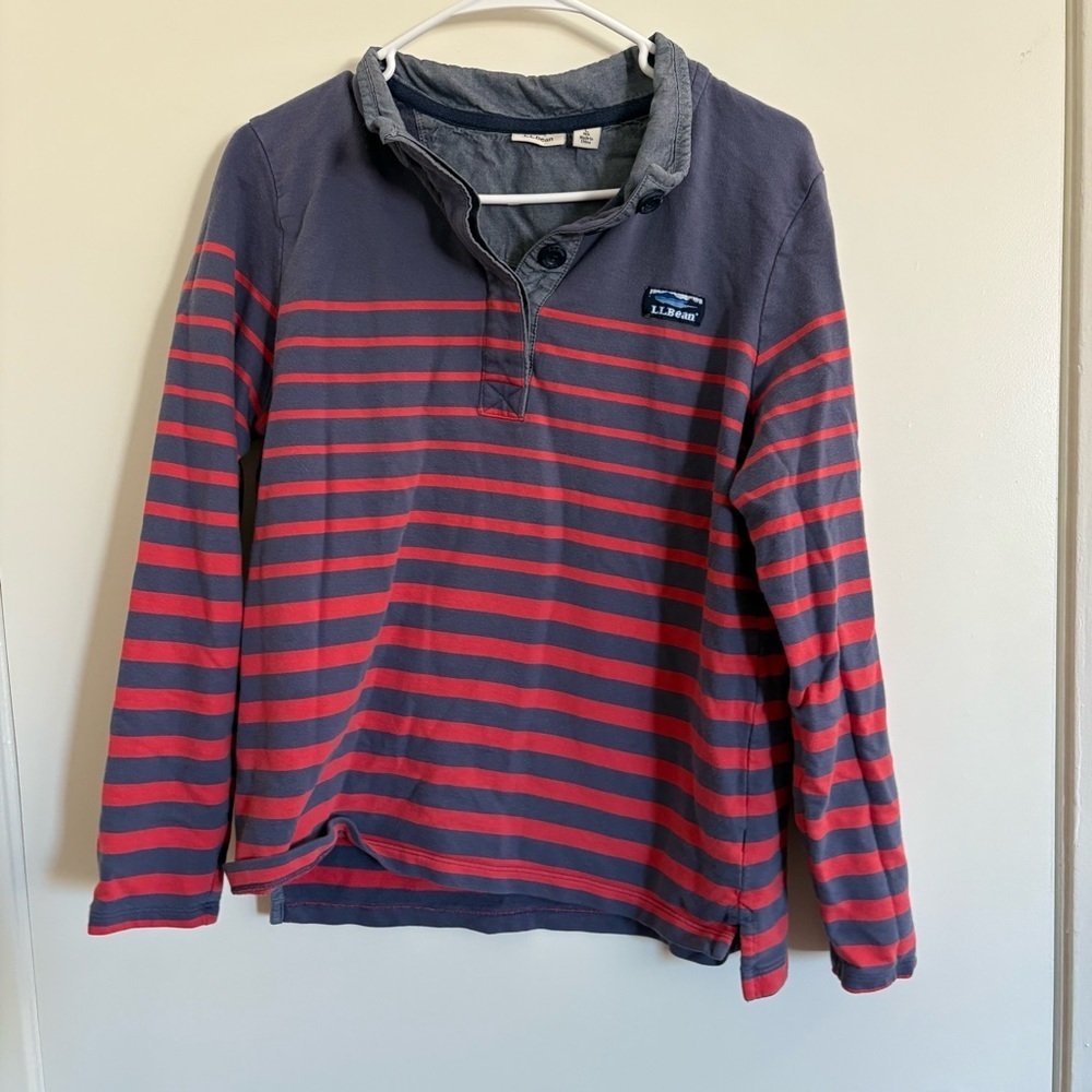 LL Bean Polo Rugby Shirt Long Sleeve Button Up Blue Red Stripes Mens L Henley